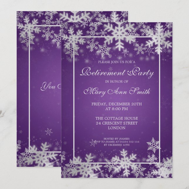 Winter Retirement Party Purple Silver Snowflakes Invitation (Front/Back)