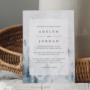 Winter Reverie Blue Watercolor Pine Wedding Invitation