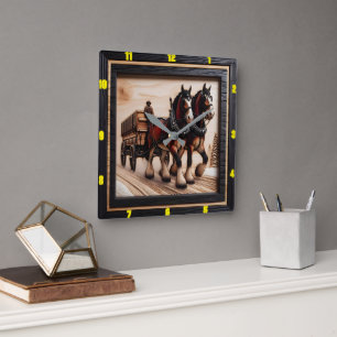 Winter Ride Bespoke Charred Wood Clydesdale Square Wall Clock