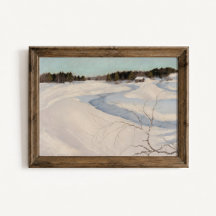 Winter River Cabin Landscape Poster