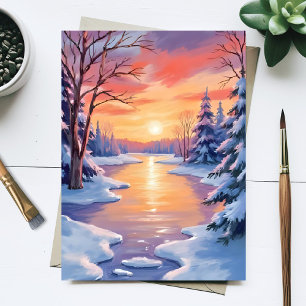 Winter River Sunset Landscape Snow Watercolor Postcard