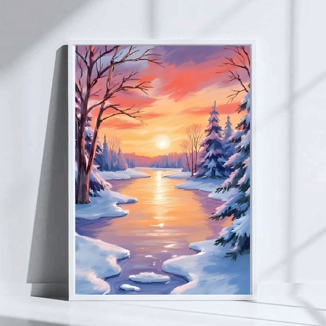 Winter River Sunset Landscape Snow Watercolor Poster (Creator Uploaded)