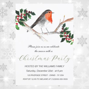 Winter Robin Holly Christmas Party Watercolor Holiday Card