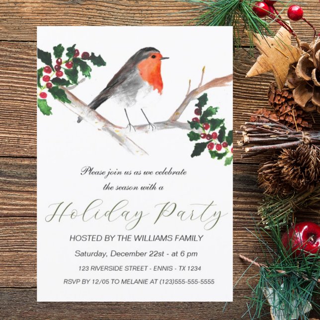 Winter Robin Holly Holiday Party Watercolor  Card (Creator Uploaded)