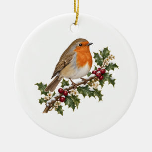 Winter Robin on Snowy Holly and Burgundy Berries Ceramic Ornament