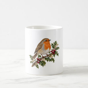 Winter Robin on Snowy Holly and Burgundy Berries Coffee Mug