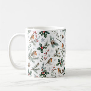 Winter Robin Pine Cone Holly Nature Botanical Coffee Mug