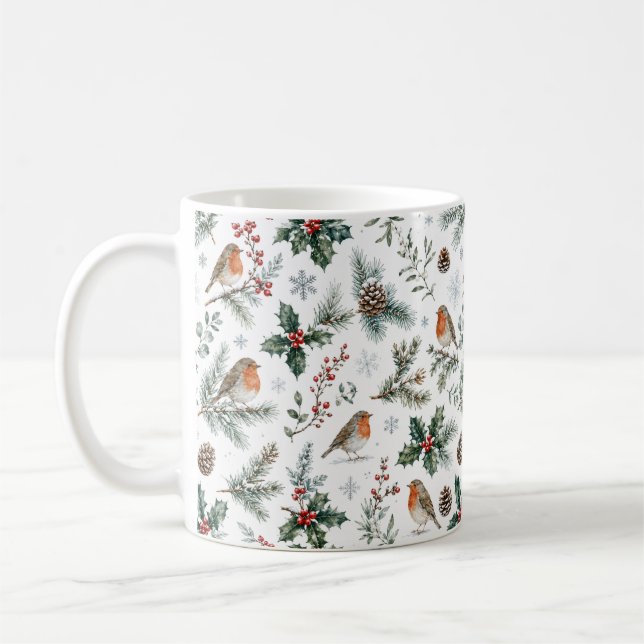 Winter Robin Pine Cone Holly Nature Botanical Coffee Mug (Left)