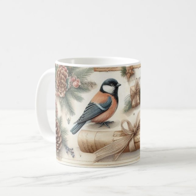 Winter Robin & Scroll: Vintage Christmas Mug (Front Left)