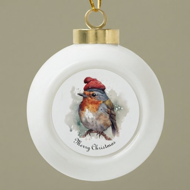 Winter Robin Watercolor Red Hat Pattern Ceramic Ball Christmas Ornament (Creator Uploaded)
