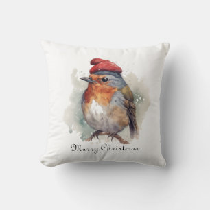 Winter Robin Watercolor Red Hat Pattern Cushion