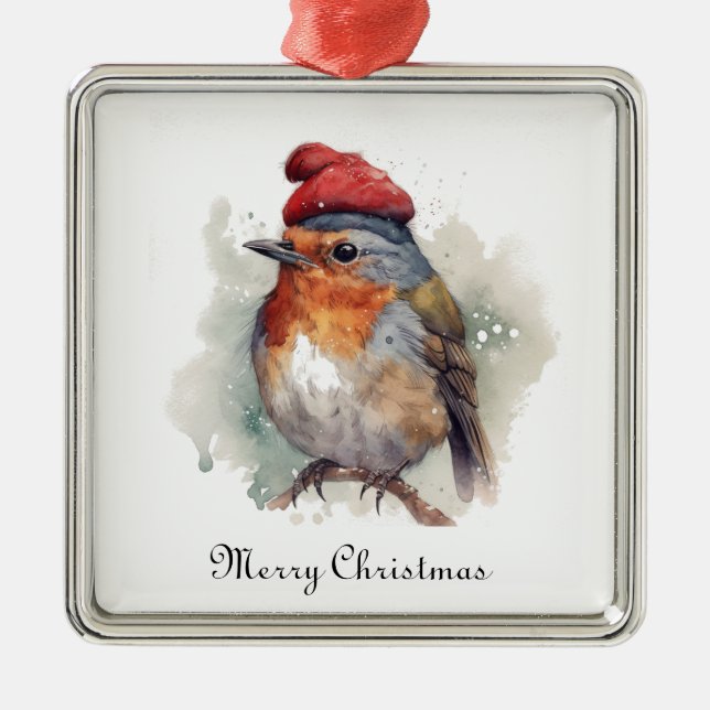 Winter Robin Watercolor Red Hat Pattern Metal Ornament (Front)