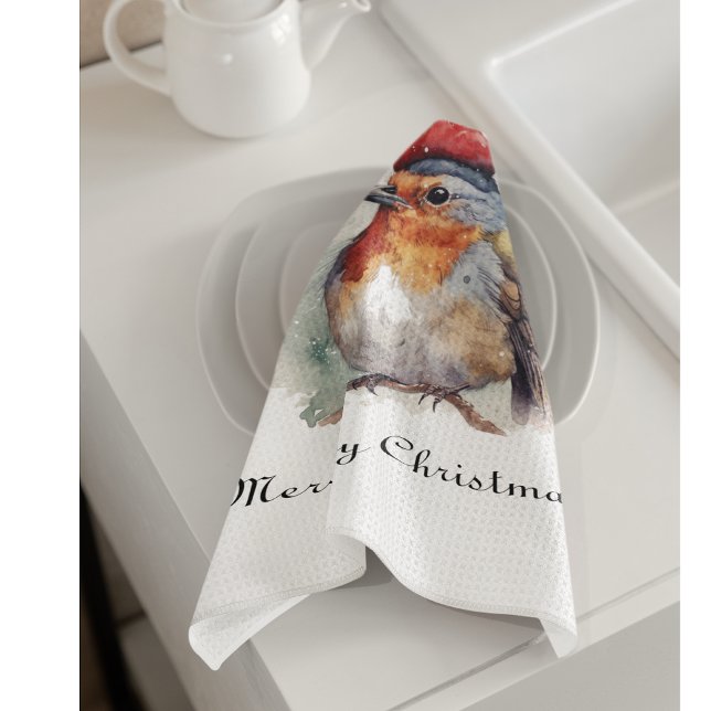 Winter Robin Watercolor Red Hat Pattern Tea Towel (Creator Uploaded)