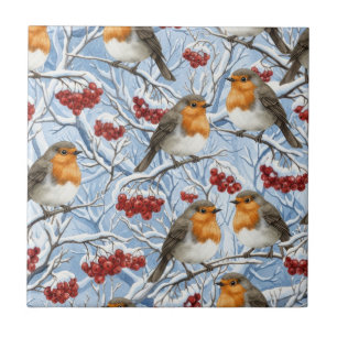 Winter Robins and Snowy Branches Ceramic Tile
