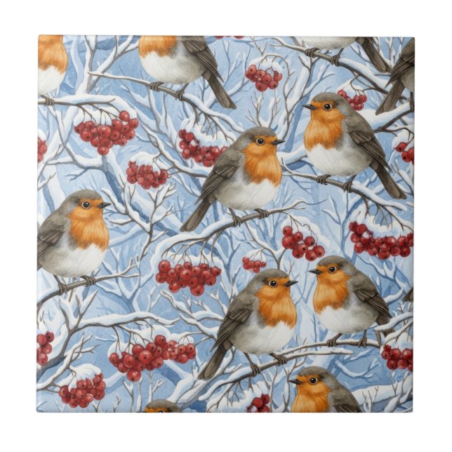 Winter Robins and Snowy Branches Ceramic Tile (Front)