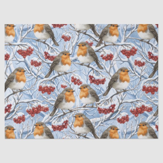 Winter Robins and Snowy Branches Tissue Paper (Front)