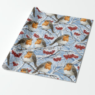 Winter Robins and Snowy Branches Wrapping Paper