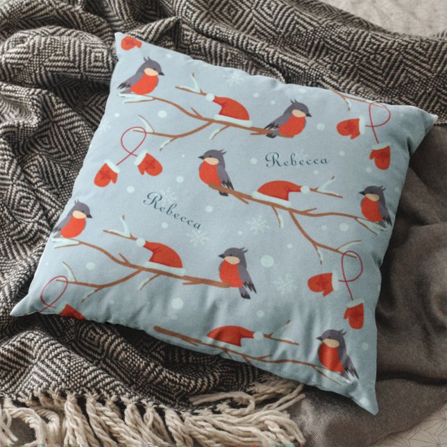 Winter Robins on Tree Branches Cute Bird Pattern Cushion (Creator Uploaded)