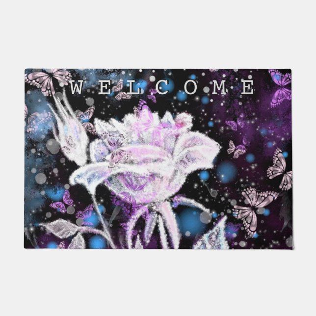 Winter Rose and Butterflies Doormat Welcome (Front)
