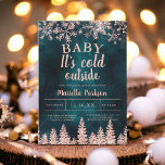 Winter rose gold snow pine baby shower invitation<br><div class="desc">Baby it's cold outside! Celebrate your baby coming with this rose gold glitter sparkles snow and snowflakes,  with rose gold shiny pine trees forest on an elegant winter teal green watercolor background.</div>