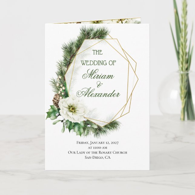 Winter Rose Pine Holly Christmas Wedding Program (Front)