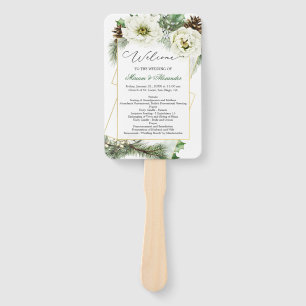 Winter Rose Pine Holly Wedding Program Hand Fan