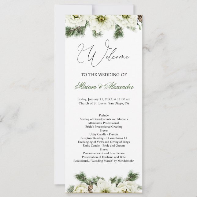 Winter Rose Pine Holly Wedding Program Invitation (Front)