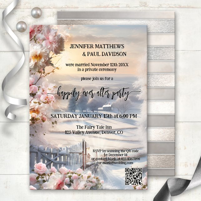 Winter Roses Happily Ever After Wedding Invitation (Happily ever after wedding party invitation featuring a winter wonderland scene at sunset with roses)