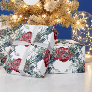 Winter Roses Pine & Spruce Tree Greenery Trellis W Wrapping Paper