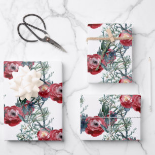 Winter Roses Pine & Spruce Tree Greenery Trellis Wrapping Paper Sheet