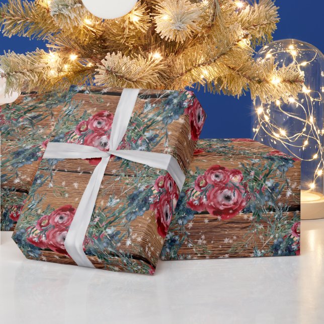 Winter Roses Pine Spruce Trellis Barn Board  Wrapping Paper (Holidays)