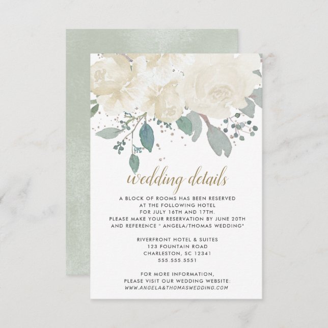 Winter Roses White Gold Floral Wedding Enclosure Card (Front/Back)