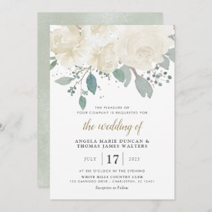 Winter Roses White Gold Floral Wedding Invitation