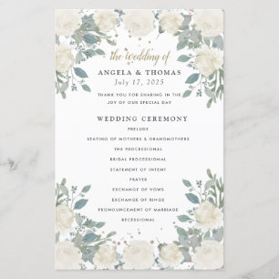Winter Roses White Gold Floral Wedding Program