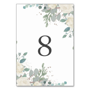 Winter Roses White Gold Floral Wedding Table Number