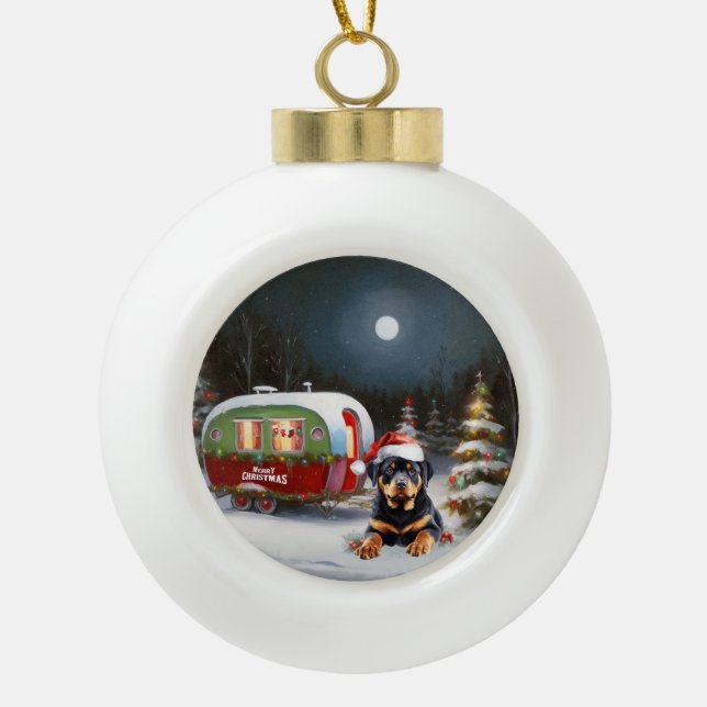 Winter Rottweiler Caravan Christmas Adventure Ceramic Ball Christmas Ornament (Front)