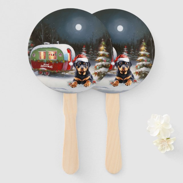 Winter Rottweiler Caravan Christmas Adventure Hand Fan (Front and Back)
