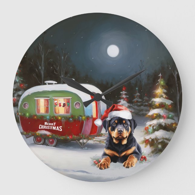 Winter Rottweiler Caravan Christmas Adventure Large Clock (Front)