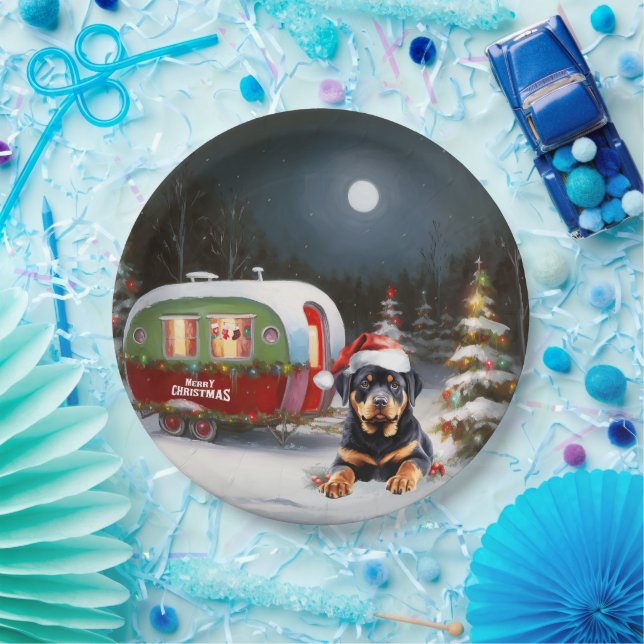 Winter Rottweiler Caravan Christmas Adventure Paper Plate (Party)