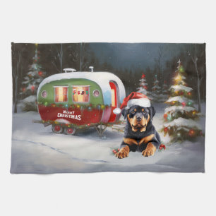 Winter Rottweiler Caravan Christmas Adventure Tea Towel