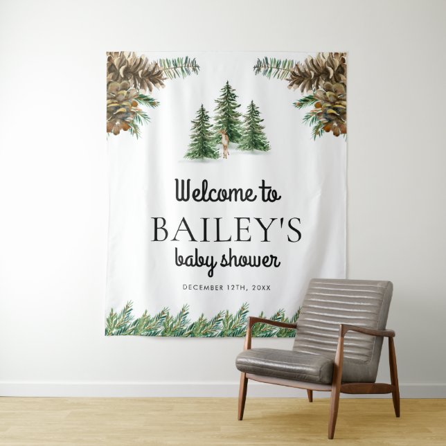 Winter Rustic Baby Shower Welcome Sign Tapestry (In Situ)