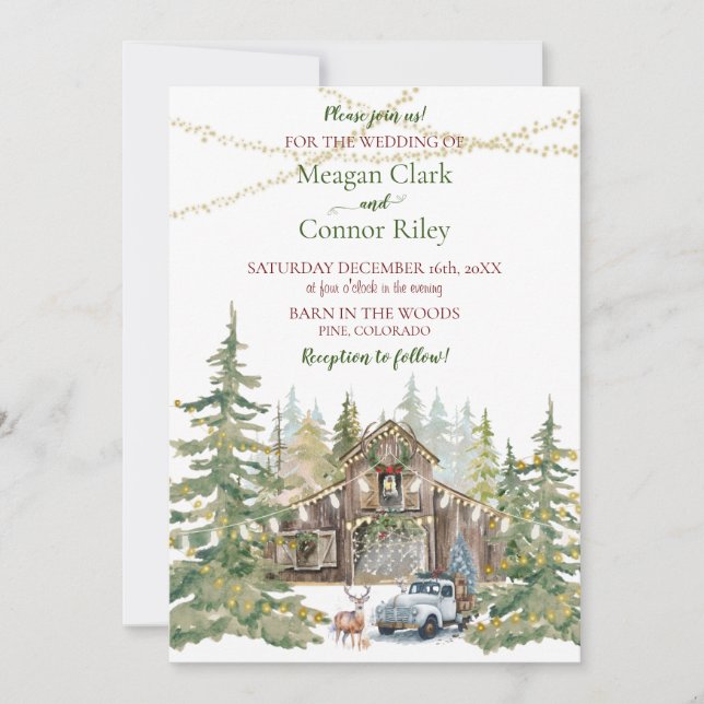 Winter Rustic Barn in Forest Wedding Invitation (Front)