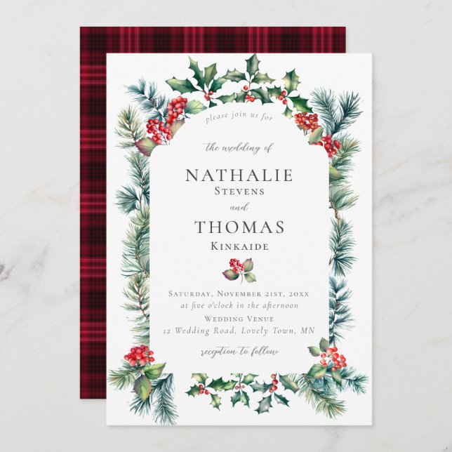 Winter Rustic Botanical Berry Pine Plaid Wedding Invitation (Front/Back)