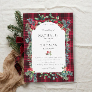 Winter Rustic Botanical Red Berries Plaid Wedding Invitation