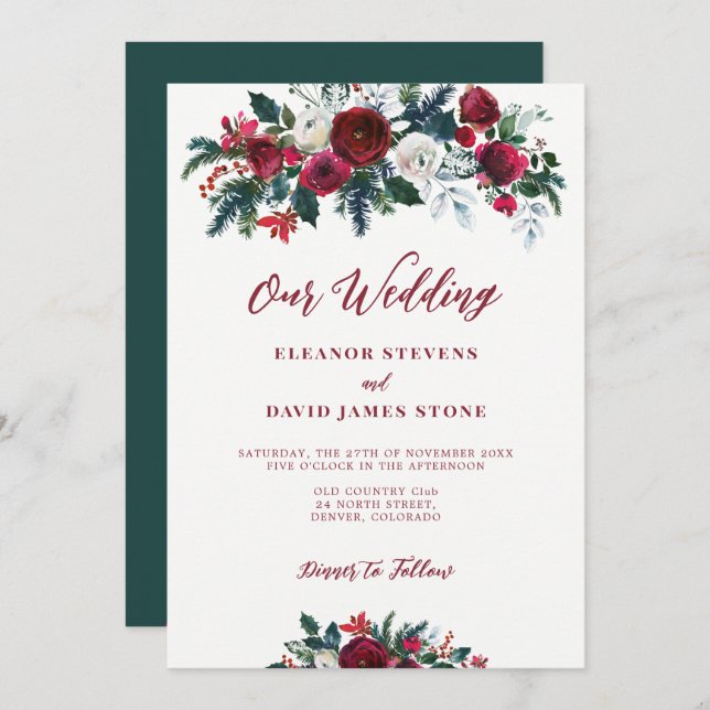 Winter rustic burgundy green floral wedding invitation (Front/Back)