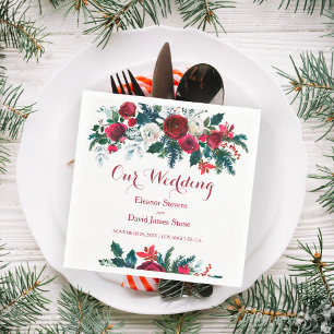 Winter rustic burgundy pine green floral wedding napkin