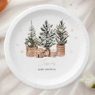 Winter Rustic Christmas Trees Baby Shower Paper Plate