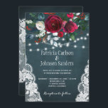 Winter rustic elegant floral Christmas wedding Invitation<br><div class="desc">Rustic winter seasonal wedding invitation template on a dark navy blue chalkboard featuring a beautiful rdark red burgundy and white peony roses bouquet with hunter pine green foliage, strings of white twinkle lights, lace corners, and a chic typography script. Easy to personalise with your details! The invitation is suitable for...</div>