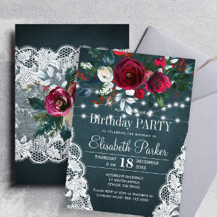 Winter rustic elegant red peonies birthday party invitation