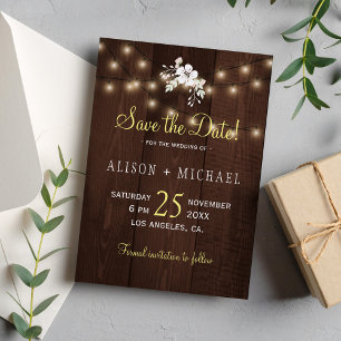 Winter Rustic Floral Wedding Barn Wood Lights Save The Date